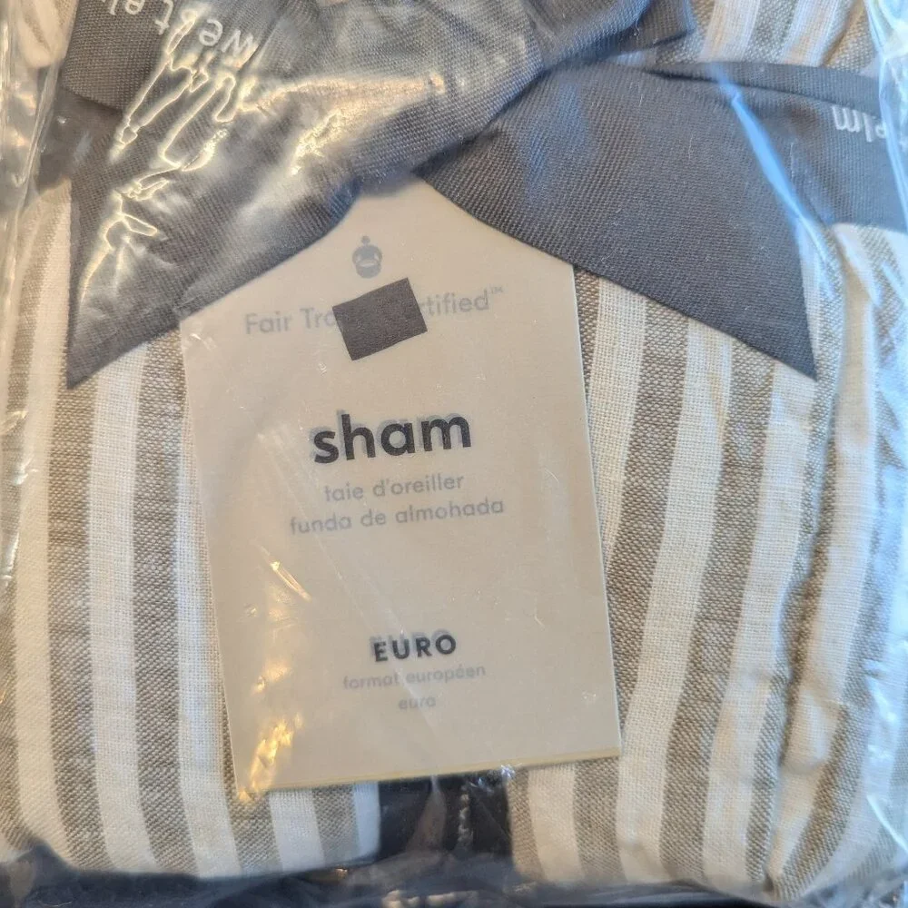WEST ELM | NEW | European Linen Classic Stripe Euro Sham, Cedar Stripe Set of 3